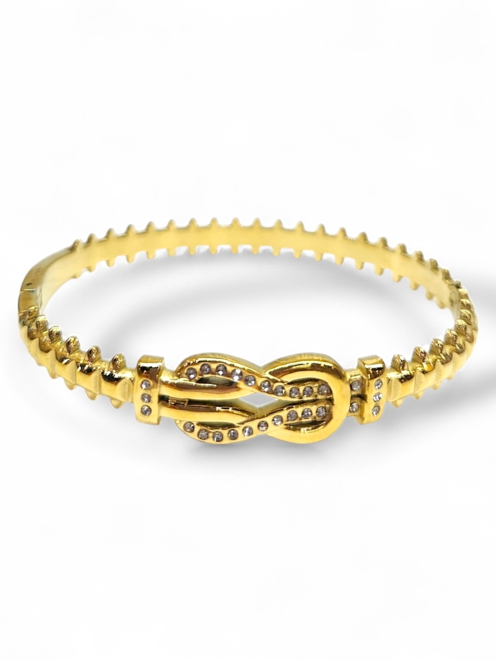 Gold Stainless Steel Knot Bangle Bracelet with Crystal Accents